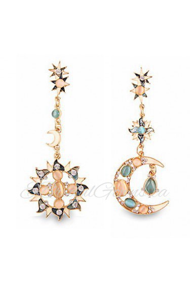 Hyperbole Personality Sun Moon Asymmetric Gemstone Inlay Earrings