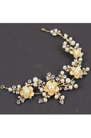 Lady's Baroque Style Gold Leaf Olive Crystal Pearl Headband Forehead Hair Jewelry for Wedding Party (Length:28cm)