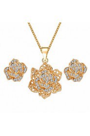 Fashion Temperament Roses Inlaid Rhinestones Necklace Earring Luxury Gold Jewelry Sets