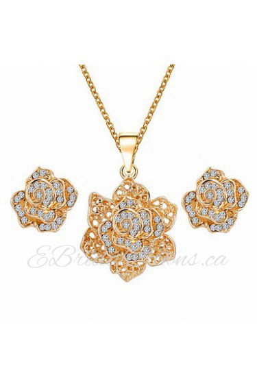 Fashion Temperament Roses Inlaid Rhinestones Necklace Earring Luxury Gold Jewelry Sets