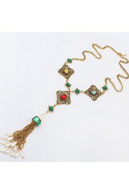 Fashion Square Hollow Gem Huadiao Tassel Short Necklace Exotic Decorations