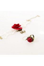 Vintage Red Roses Bowknot Bracelet With Ring