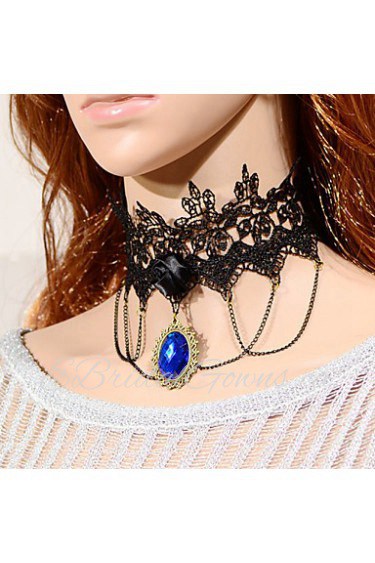 Vintage Black Flower Bule Gem Necklace