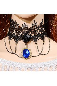 Vintage Black Flower Bule Gem Necklace