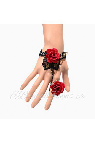 Vintage Double Red Rose Bracelet With Ring