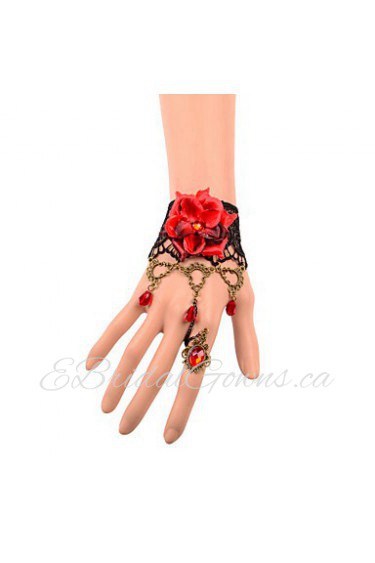 Vintage Red Flower Bead Bracelet With Ring