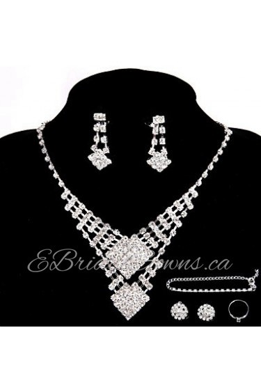 Wedding/Party Jewelry Sets Crystal Pendant Necklace Ring Bracelet Drop Earrings Sets with 2 Pairs of Rhinestone Earrings