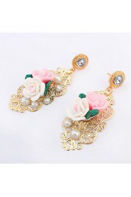 European And American Fashion Pink and White Flower with Green Leaf Hollow Drop Earrings Women Accessories