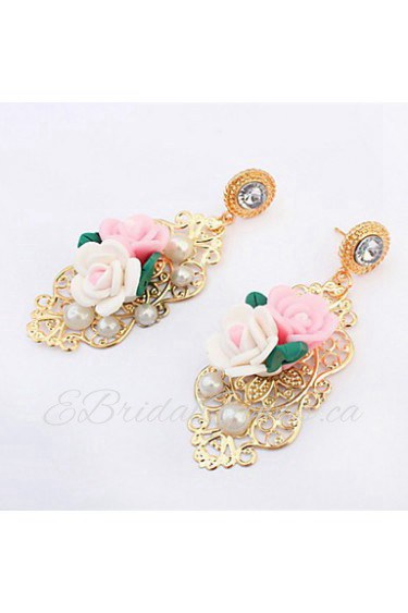 European And American Fashion Pink and White Flower with Green Leaf Hollow Drop Earrings Women Accessories