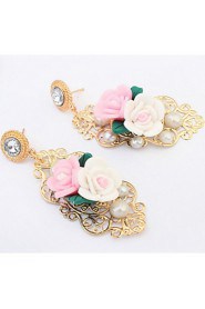 European And American Fashion Pink and White Flower with Green Leaf Hollow Drop Earrings Women Accessories