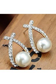 European Style Fashion Rhinestone Crossover Pearl Earrings