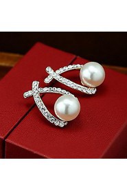 European Style Fashion Rhinestone Crossover Pearl Earrings