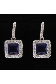 Silver Platinum Plating Cube BlueGem Earrings