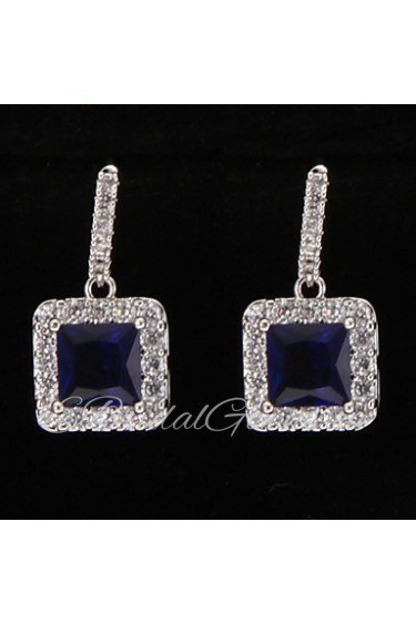 Silver Platinum Plating Cube BlueGem Earrings