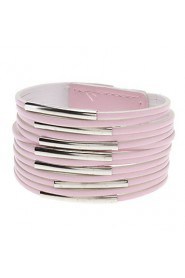 Multilayer Leather Metal Ring Wide Bracelet(Pink)