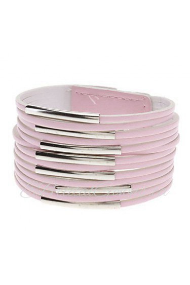 Multilayer Leather Metal Ring Wide Bracelet(Pink)