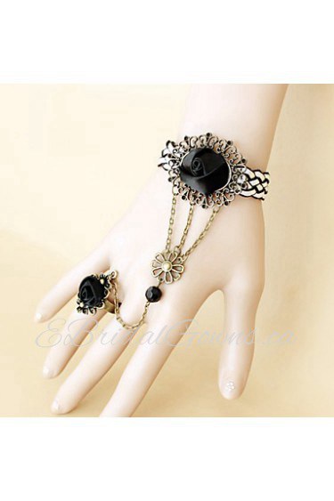 New Fashion Palace Retro Black Roses Female Bracelet Ring Set