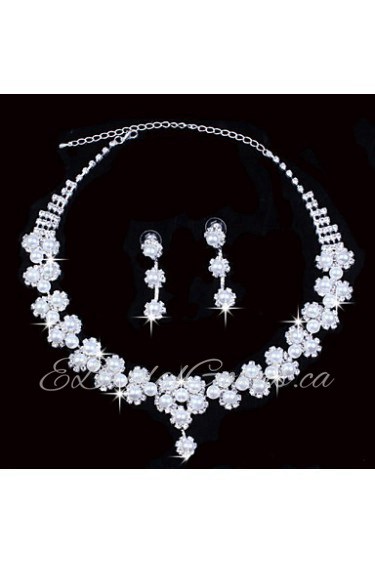 Fashion Women's Silver Pearl Rhinestone Necklace&Ring Set