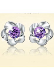 S925 Fine Silver Flower Shape Crystal Stud Earrings