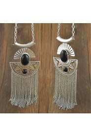 Fashion Jewelry Metal with Black Faux Stone and Chains Tassel Pendants Necklace