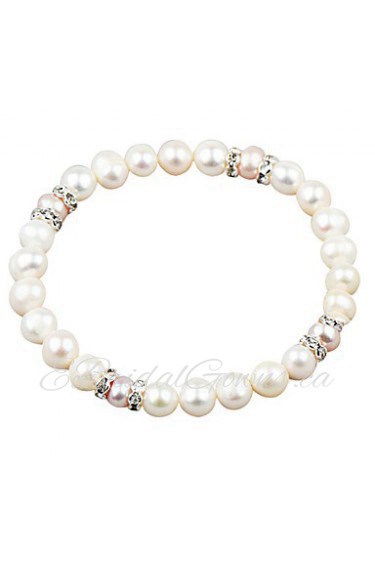 Elegant White Fresh Water Pearl And Crystal Elastic Bracele