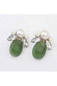 Double Rhinestone Leaf Simulated Pearl Ear Studs Colorful Earrings For Elegant Women