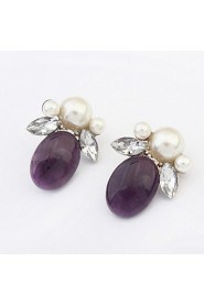 Double Rhinestone Leaf Simulated Pearl Ear Studs Colorful Earrings For Elegant Women