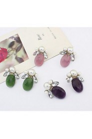 Double Rhinestone Leaf Simulated Pearl Ear Studs Colorful Earrings For Elegant Women