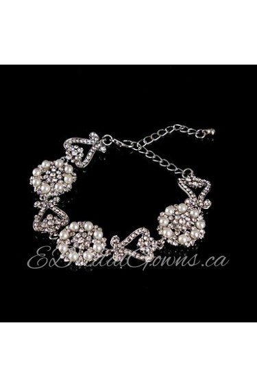 Vintage Luxurious Round Diamond Pearl Flower Silver Bracelet For Women Lades Bridal Birthday GIft Party Wedding Heart