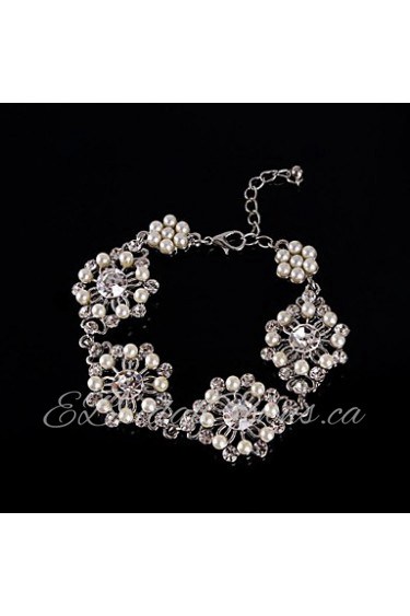 Vintage Luxurious Round Diamond Pearl Flower Silver Bracelet For Women Lades Bridal Birthday GIft Party Wedding