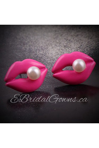 Women's Korean Cute Lips Inlaid Pearl Earrings