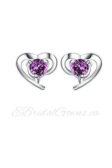 Women's Silver Heart Stud Earrings With Cubic Zirconia