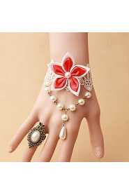 New Bride White Lace Pearl Flower Bracelet Ring Set