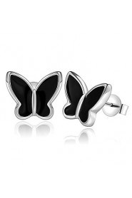 Fashion Butterfly Silver Plated Silver Earring Stud (Black,White)(1Pair)