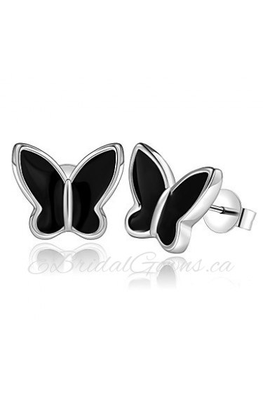 Fashion Butterfly Silver Plated Silver Earring Stud (Black,White)(1Pair)