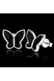 Fashion Butterfly Silver Plated Silver Earring Stud (Black,White)(1Pair)