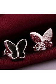 Fashion Butterfly Silver Plated Silver Earring Stud (Black,White)(1Pair)