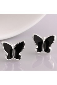 Fashion Butterfly Silver Plated Silver Earring Stud (Black,White)(1Pair)