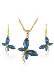 18K Gold Plated Crystal Dragonfly Pendants Necklace Dangle Earring Jewelry Set for Office Lady Dress (More Colors)