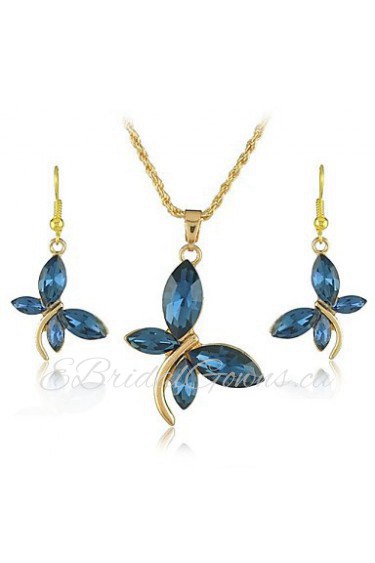 18K Gold Plated Crystal Dragonfly Pendants Necklace Dangle Earring Jewelry Set for Office Lady Dress (More Colors)