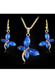 18K Gold Plated Crystal Dragonfly Pendants Necklace Dangle Earring Jewelry Set for Office Lady Dress (More Colors)