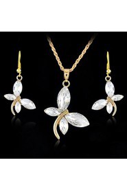 18K Gold Plated Crystal Dragonfly Pendants Necklace Dangle Earring Jewelry Set for Office Lady Dress (More Colors)