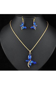 18K Gold Plated Crystal Dragonfly Pendants Necklace Dangle Earring Jewelry Set for Office Lady Dress (More Colors)