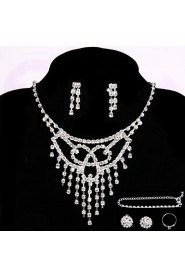 Bridal Events Party Jewelry Sets Lady Crystal Necklace Ring Bracelet Earrings Gifts with 2 Pairs of Rhinestone Earrings