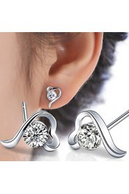 Women's Heart-Shaped Silver Stud Earrings With Purple Rhinestone