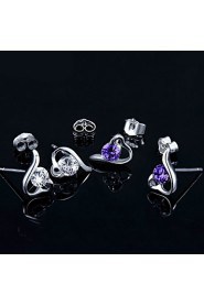 Women's Heart-Shaped Silver Stud Earrings With Purple Rhinestone