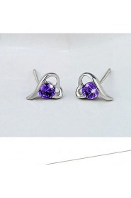 Women's Heart-Shaped Silver Stud Earrings With Purple Rhinestone