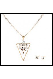 Lovely Delicate Gold Chain Crystal Necklace Triangle Pendant with Stud Earrings Women's Jewelry set