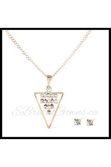 Lovely Delicate Gold Chain Crystal Necklace Triangle Pendant with Stud Earrings Women's Jewelry set