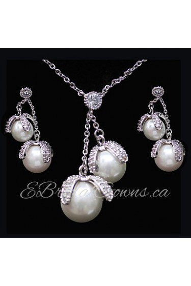 Gorgeous Platinum Plated With Cubic Zirconia And Pearl Wedding/Special Occaision / Party Jewelry Set.